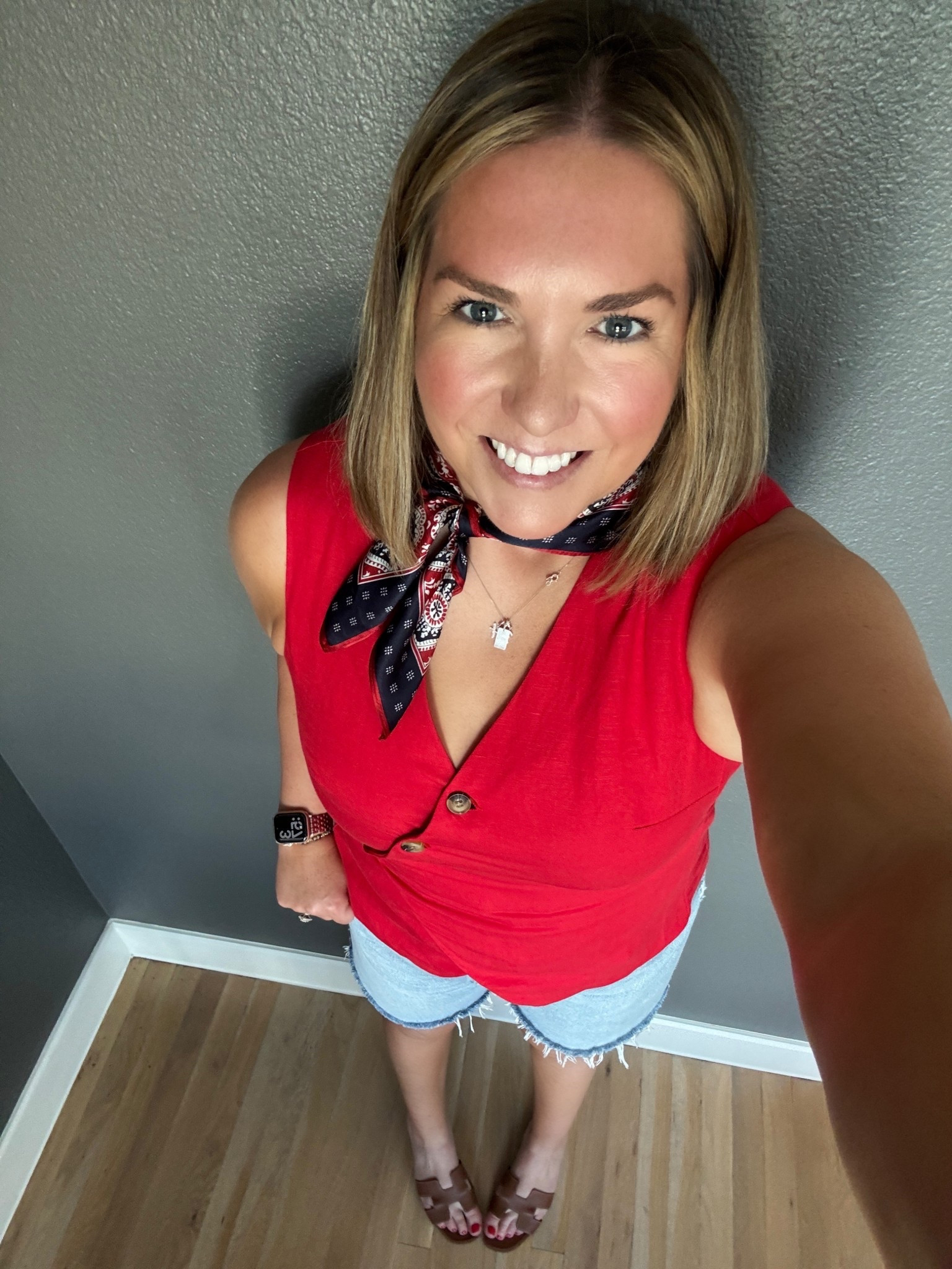 Met some friends for happy hour and enjoy the gorgeous ☀️☀️☀️I couldn’t wait to wear this red vest style top. I just love the color of it. I added a scarf for a little fun and they are very trendy right now  

#LTKdayinmylife #LTKMidsize #LTKootd