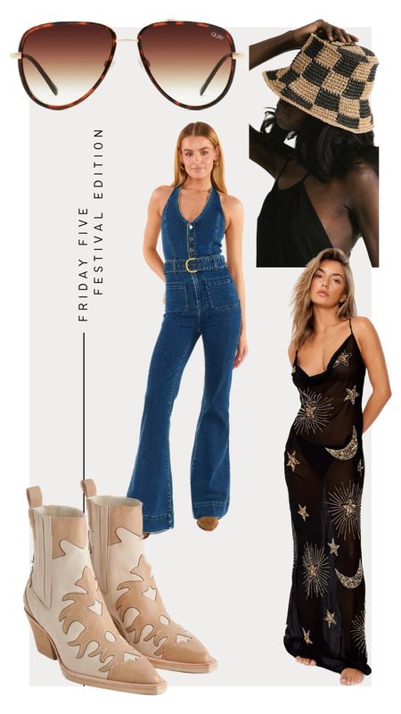 Friday Five - Festival Edition 
Shop My Wishlist! 
1. Show Me Your Mumu Fort Worth Jumpsuit
2. Dolce Vita Renis Western Boots 
3. Gigi Pip Sal Bucket Hat- Code: Kristin15
4. Quay All In Aviator Sunglasses 
5. Nasty Gal Celestial Cover Up/Dress



#LTKFestival #LTKstyletip #LTKshoecrush