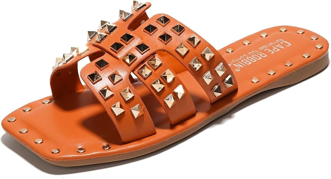 Women's Slide Sandals with Gold Spike Studded Design - Open-Toe Summer Slides for Women, Slip-On ... | Amazon (US)