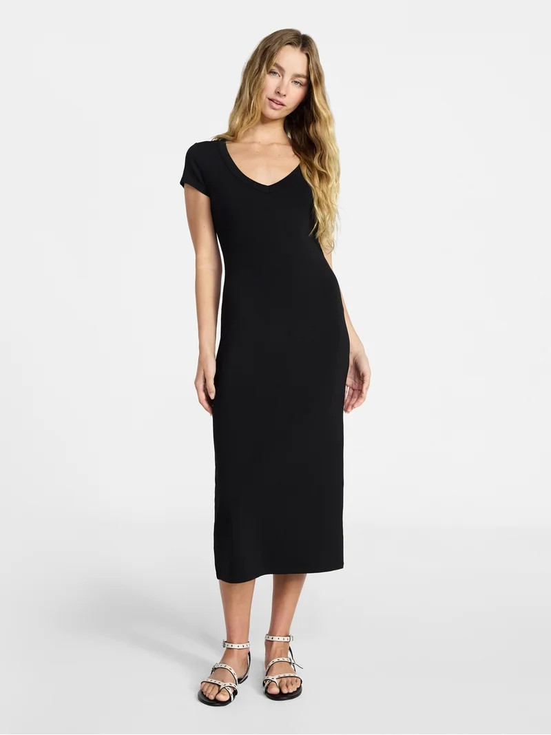 No Boundaries Deep V-Neck Maxi Dress with Cap Sleeves, Women's | Walmart (US)
