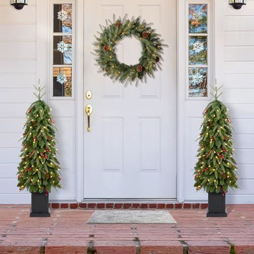 Glitzhome Christmas Porch Tree Set of 2, 4ft Prelit Artificial Christmas Tree with Lights, Small Christmas Tree with Red Berries, Pinecones, 3 Function w/Foot Pedal for Indoor Outdoor Decor | Amazon (US)