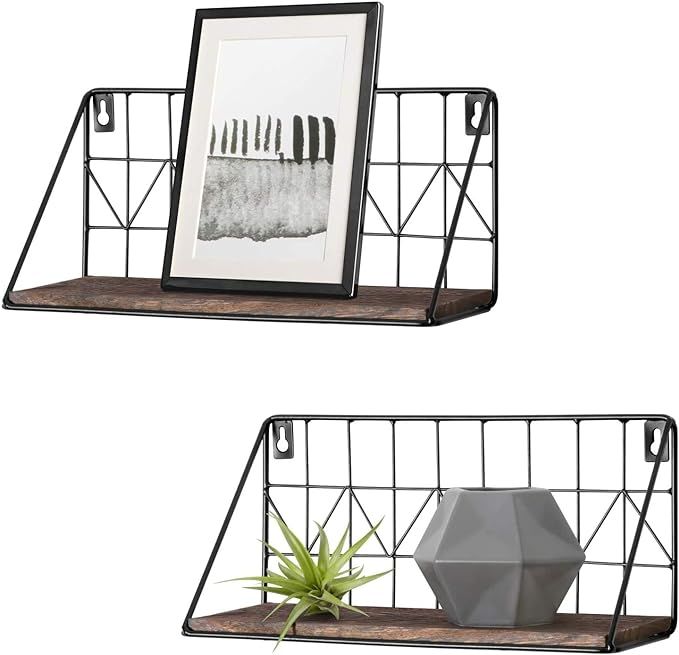 Mkono Floating Shelves Wall Mounted Set of 2 Rustic Wood Storage Display Shelf with Metal Wire Ba... | Amazon (US)