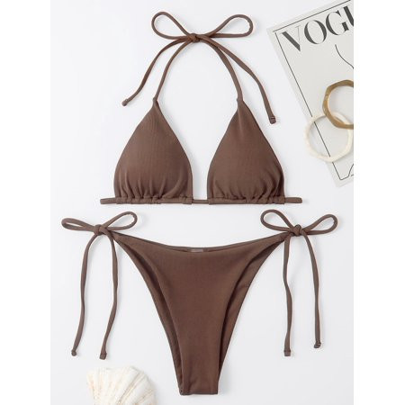 Brown Women s Rib Halter Triangle Tie Side Bikini Swimsuit S043E Sexy S(4) | Walmart (US)