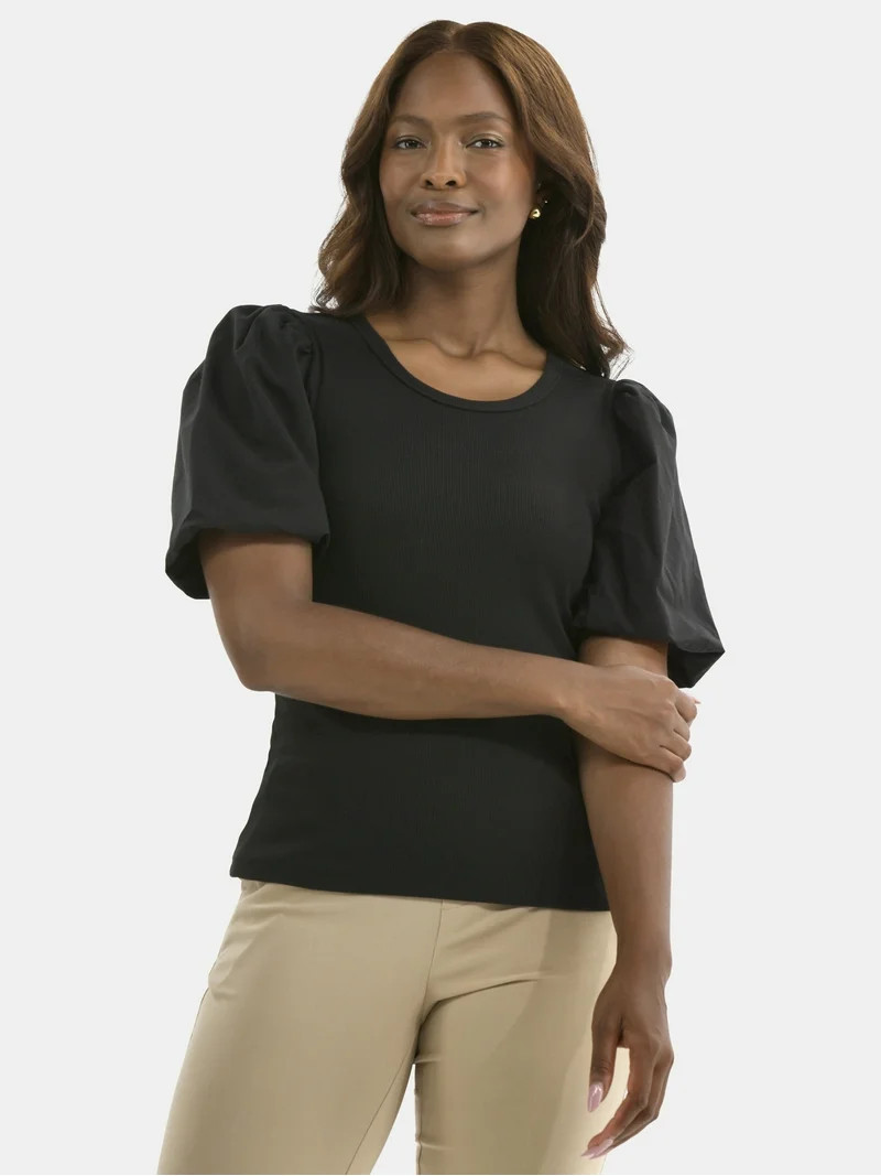 Time And Tru Women's Mixed Media Top with Short Puff Sleeves, Sizes XS-XXXL | Walmart (US)