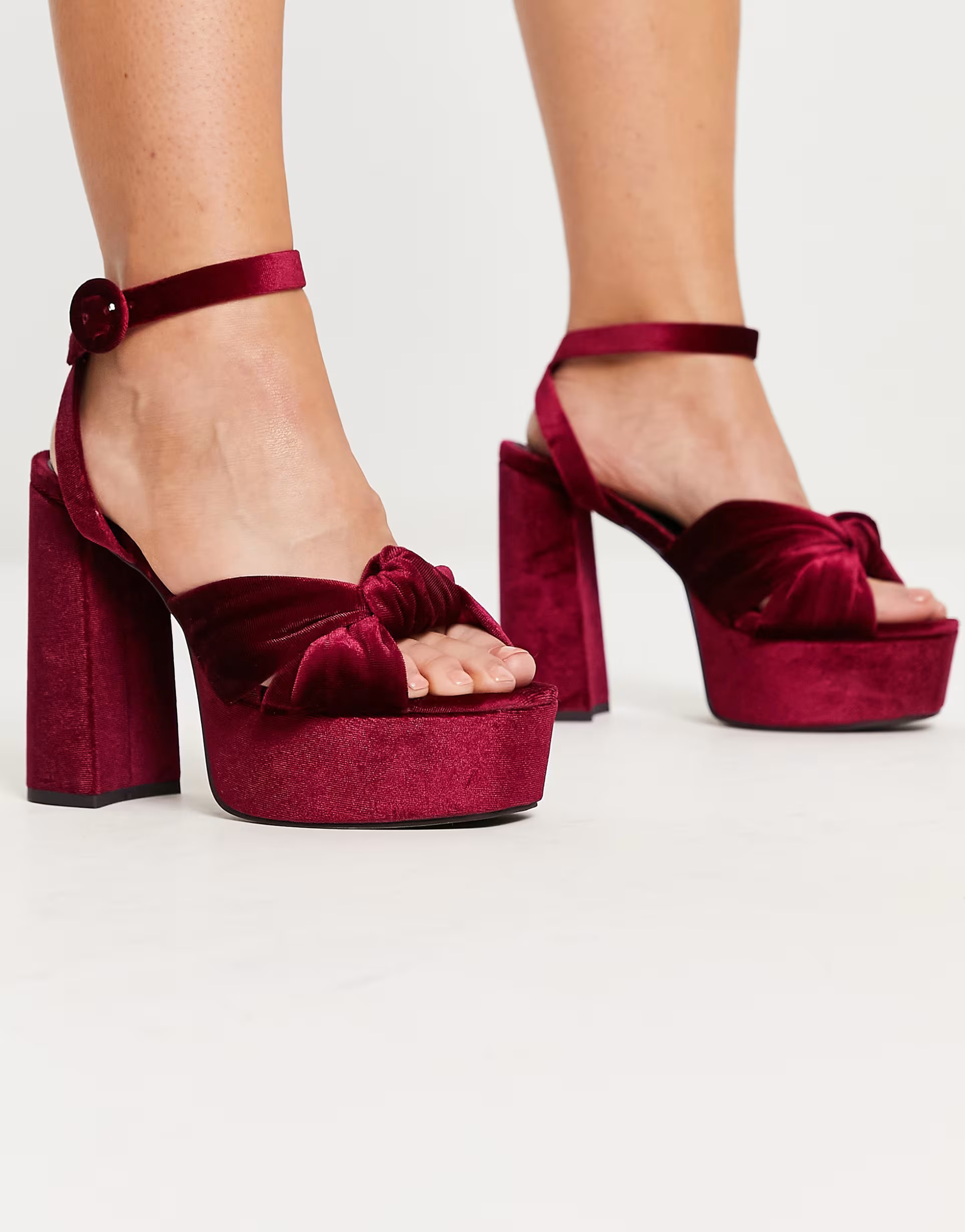 ASOS DESIGN Wide Fit Natia knotted platform heeled sandals in burgundy | ASOS | ASOS (Global)