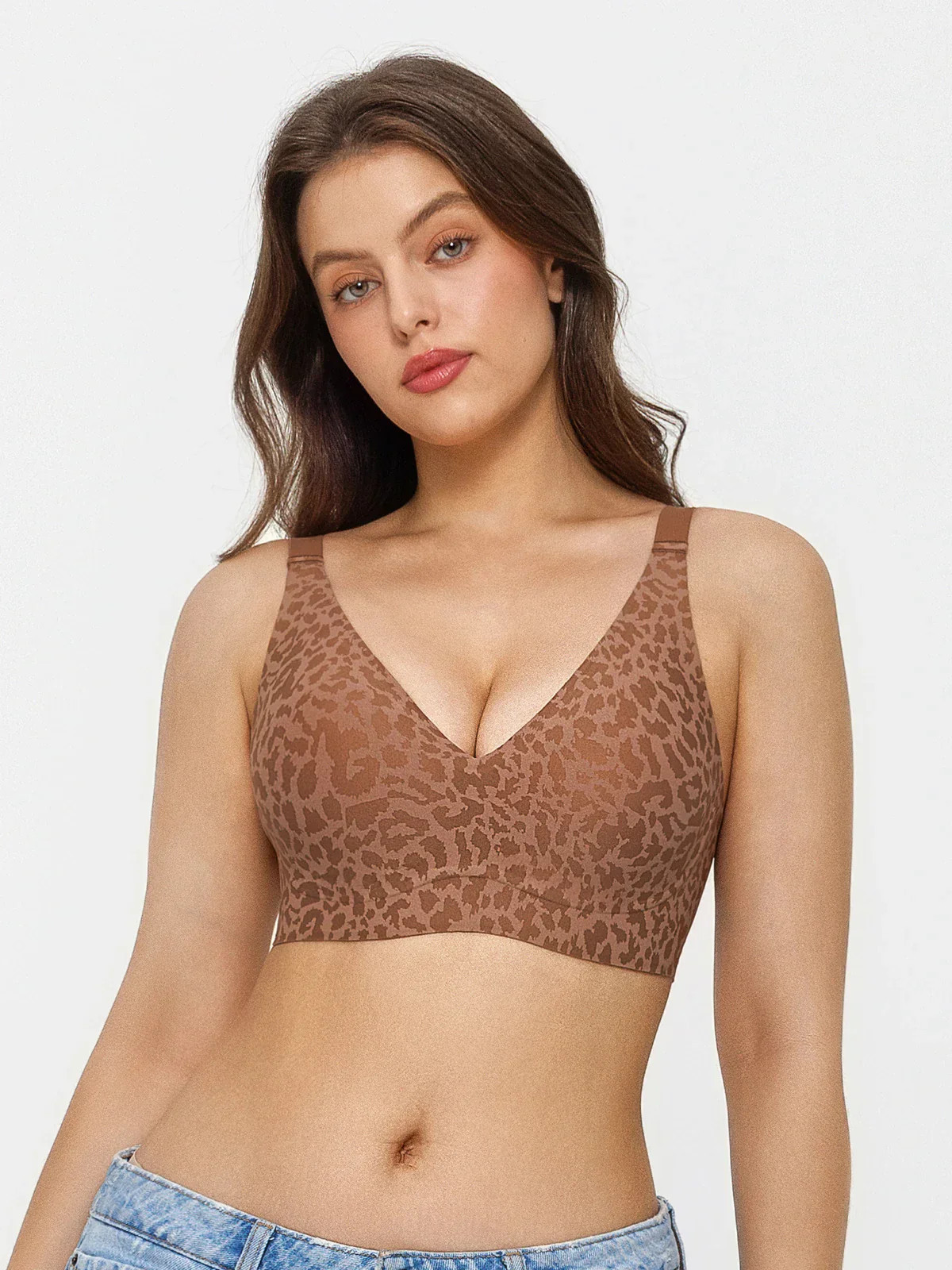 Seamless Wireless Jelly Leopard Contour Minimizer Support Bra - Brown / M | Popilush