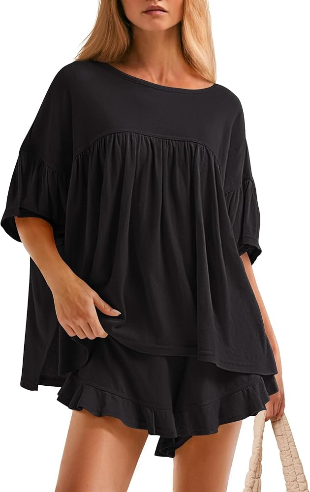 ZESICA Women's Summer 2 Piece Outfits 2025 Ruffle Short Sleeve Tops and Shorts Casual Loose Overs... | Amazon (US)