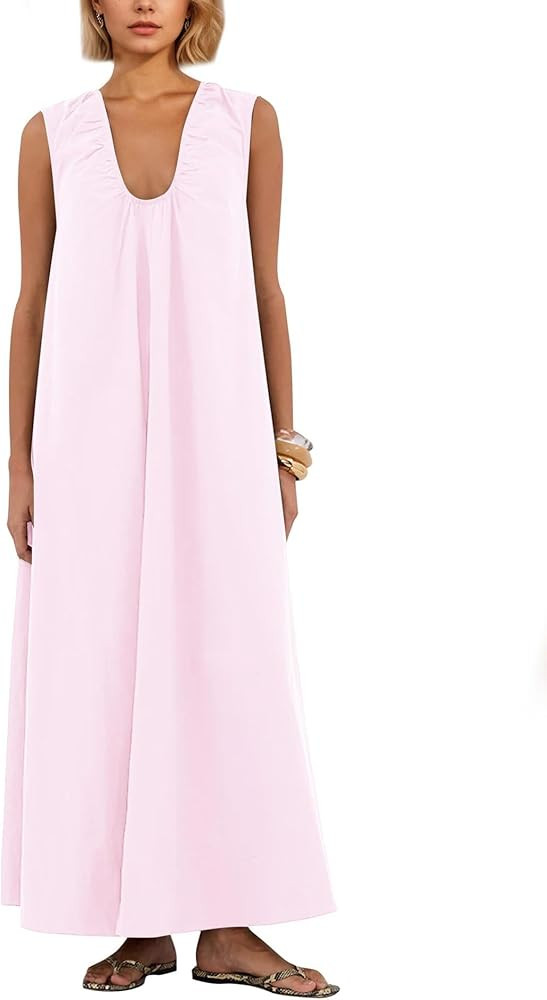 utcoco Womens Sleeveless Tank Babydoll Maxi Dress Casual Scoop Neck Pleated A Line Dress with Poc... | Amazon (US)