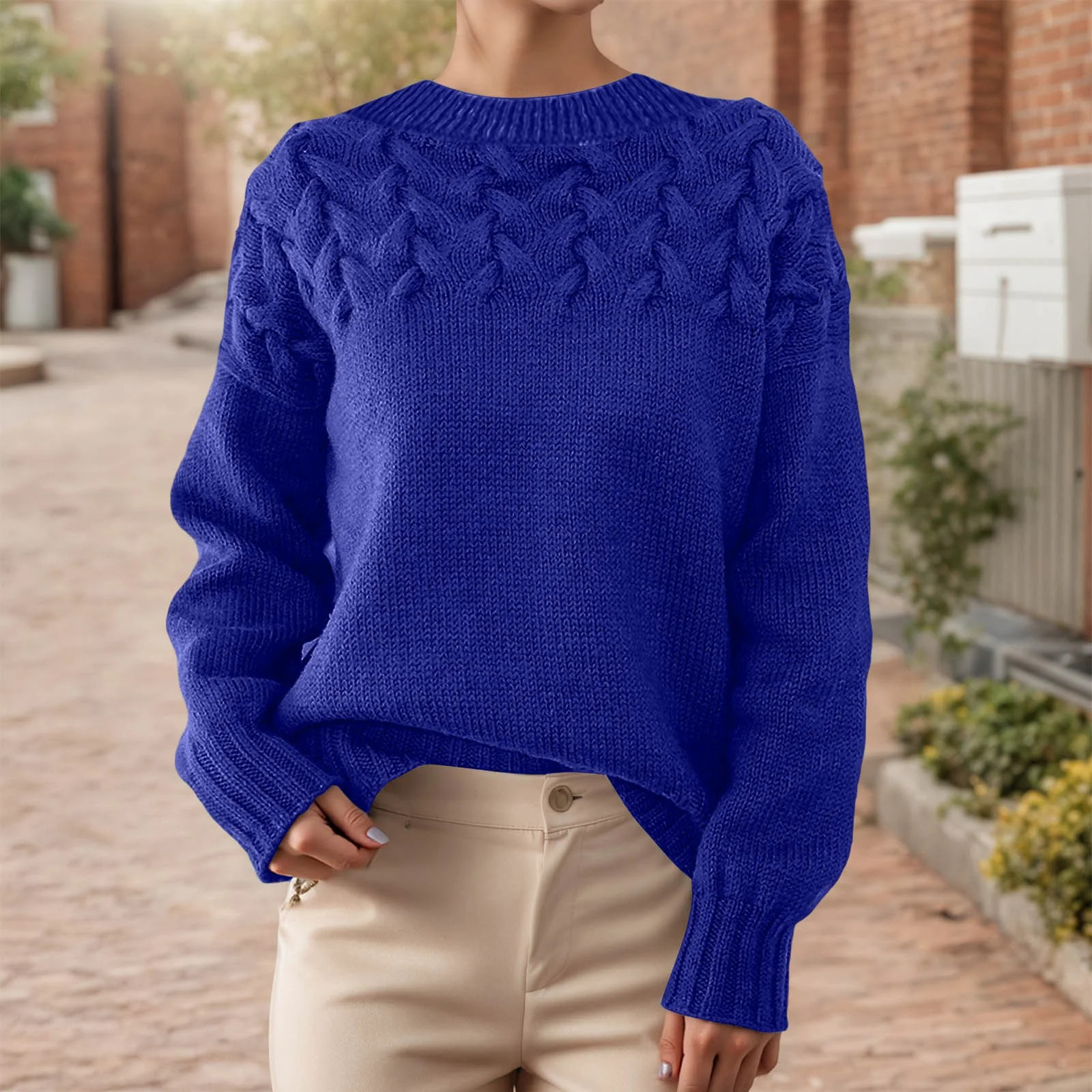 Womens Sweaters Crewneck Long Sleeve Sweater Chunky Cable Knit Sweaters (Blue S) | Walmart (US)