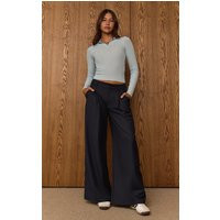 Dark Blue Woven Double Pleat Wide Leg Pants | PrettyLittleThing US
