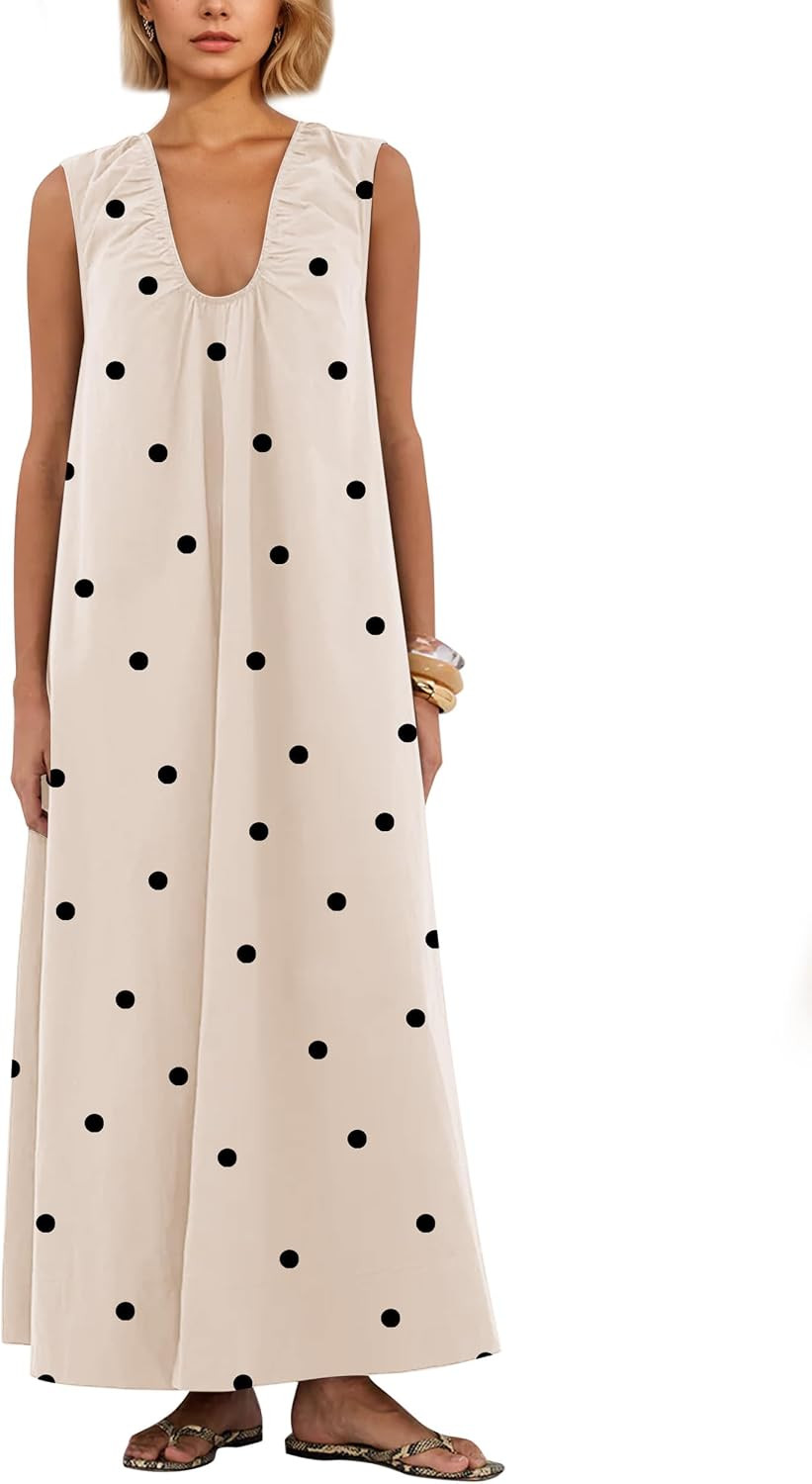 Women Flowy Maxi Dress Ruched Sleeveless Long Dress Vacation Fashion Summer Casual Loose Fit Sundress with Pockets | Amazon (US)