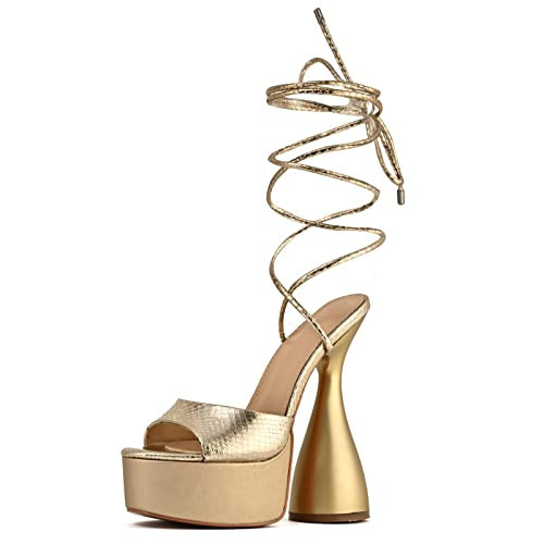 yowmns Women Sexy Platform Spike Heel Round Toe Lace Up heels Gold Shiny Chunky Block Heel Heeled Dress Sandals (gold,10.5) | Amazon (US)