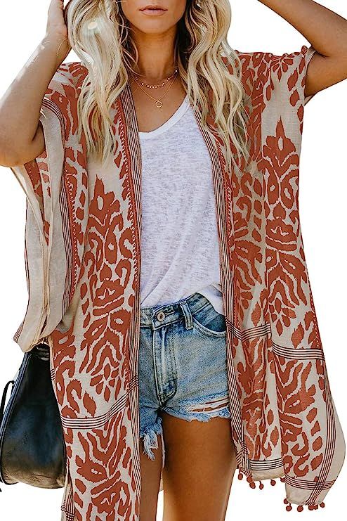 Sidefeel Women Print Kimono Cardigan V Neck Loose Beach Cover Up | Amazon (US)