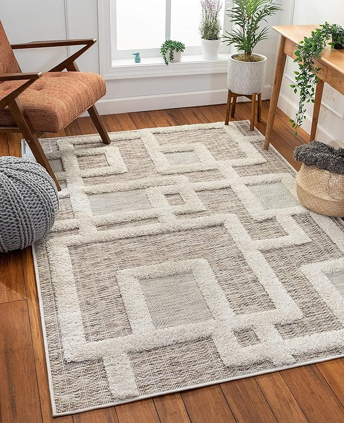 Well Woven Helga Beige Flat-Weave Hi-Low Pile Geometric Boxes Area Rug 8x10 (7'10" x 9'10") | Amazon (US)