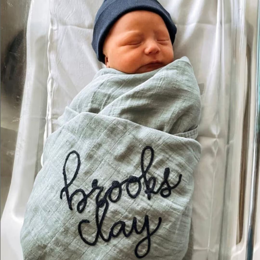 Personalized Hand Lettered Embroidered Baby Swaddle Receiving Blanket - Etsy | Etsy (US)