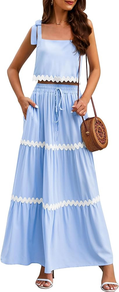 Womens Two Piece Skirt Set 2024 Summer Sets Tank Top Maxi Skirt Beach Vacation Outfits with Pocke... | Amazon (US)