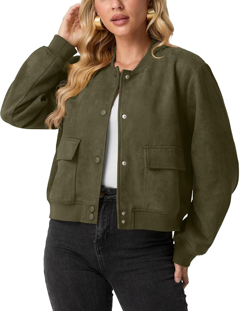 GRECERELLE Womens Faux Suede Leather Bomber Jacket Cropped Button Down Long Sleeve Casual Varsity... | Amazon (US)