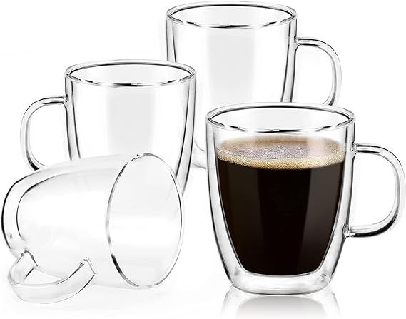 Double Wall Glass Coffee mugs, (Set of 4) 12 Ounces-Clear Glass Coffee Cups with Handle,Insulate... | Amazon (US)
