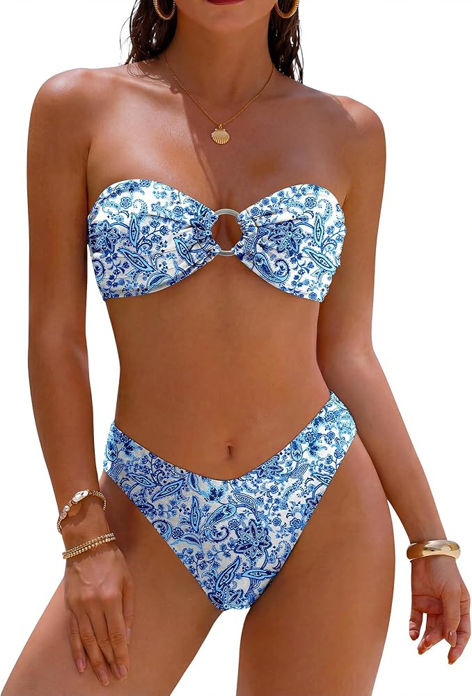 ANRABESS Bikini Sets for Women Bandeau O Ring 2 Piece Swimsuit Floral Halter Tie Back Bathing Sui... | Amazon (US)