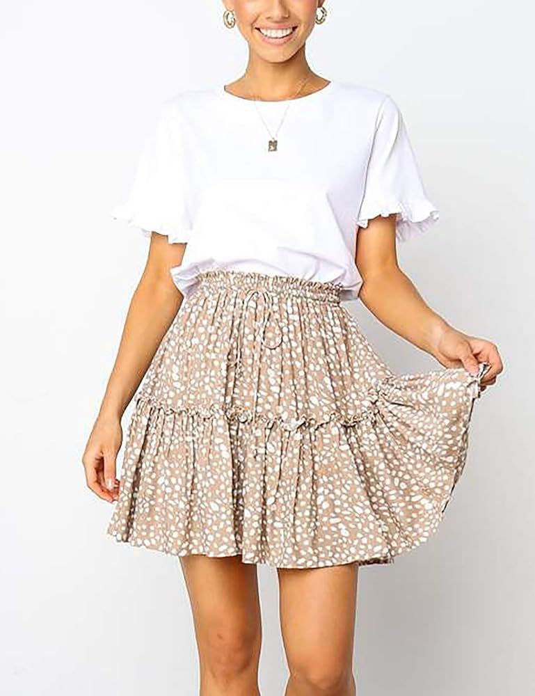 Relipop Women's Floral Flared Short Skirt Polka Dot Pleated Mini Skater Skirt with Drawstring | Amazon (US)