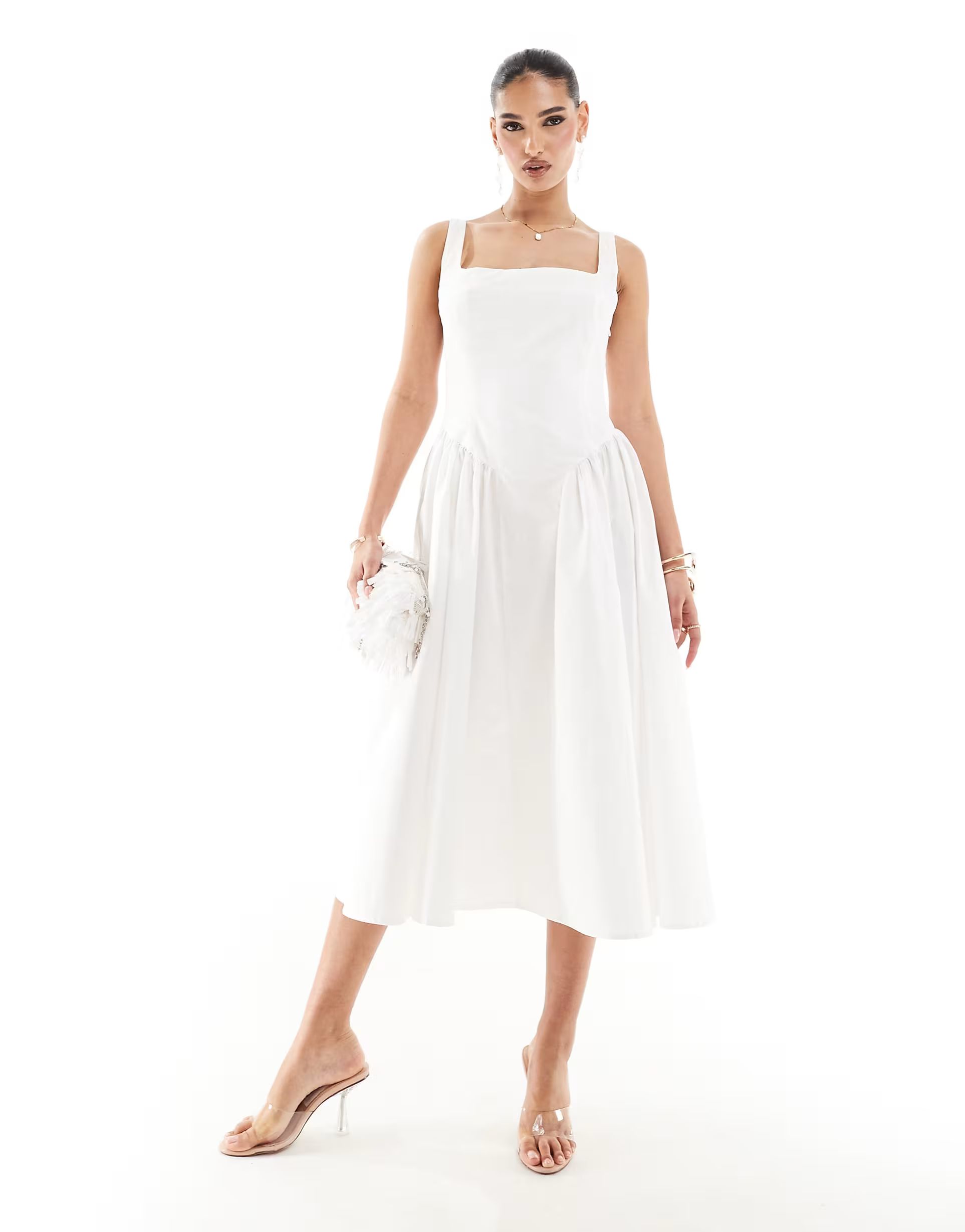 Kaiia square neck puff hem midi dress in white | ASOS (Global)