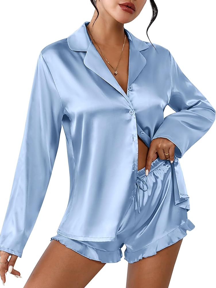 Ekouaer Womens Satin Pajama Sets Long Sleeve Top and Shorts Lounge Set Button Down Sleepwear S-XX... | Amazon (US)