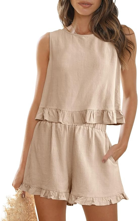 AUTOMET Womens 2 Piece Outfits Summer Sets Sleeveless High Neck Ruffle Crop Tops and High Waisted... | Amazon (US)