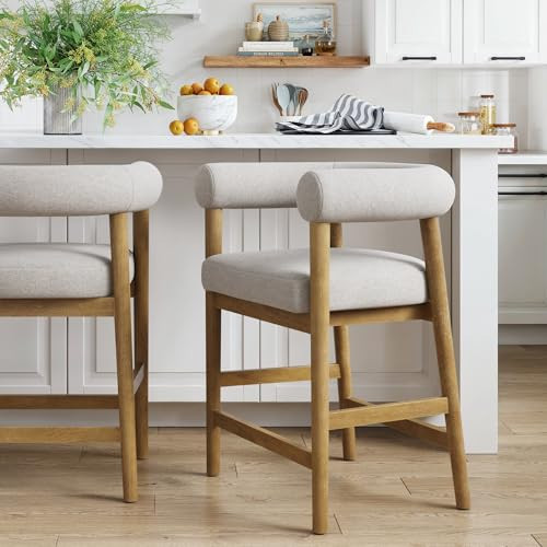 Nathan James Demi Modern Barrel Bar Stool with Solid Wood Legs and Natural Flax Upholstery, Wooden Bistro Bar Stool with Curved Back, Flax/Light Brown | Amazon (US)
