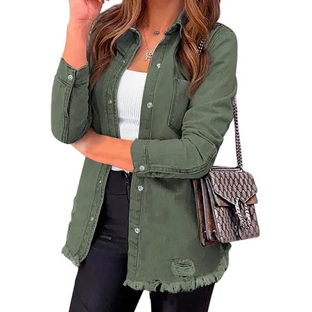 Luvamia Denim Jacket for Women Winter Long Sleeve Classic Distressed Jean Trucker Jackets 2XL Fit Size 20 Size 22 | Walmart (US)