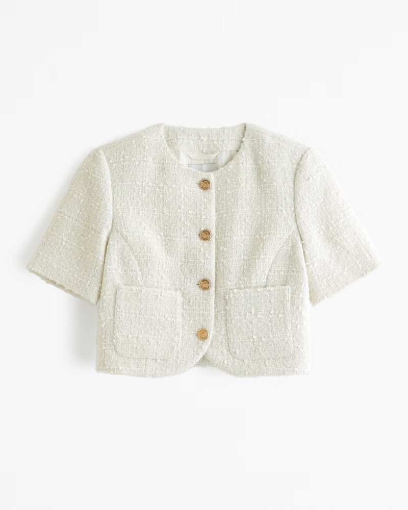 Women's Short-Sleeve Collarless Tweed Jacket | Women's Clearance | Abercrombie.com | Abercrombie & Fitch (US)