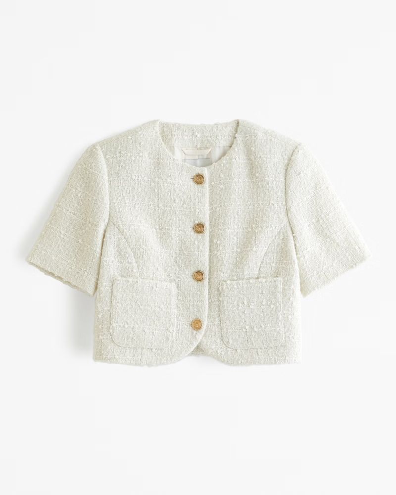 Women's Short-Sleeve Collarless Tweed Jacket | Women's New Arrivals | Abercrombie.com | Abercrombie & Fitch (US)