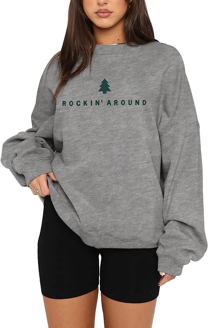 Women Christmas Tree Sweatshirts Funny Rockin Around Xmas Graphic Pullover Long Sleeve Holiday Sh... | Amazon (US)