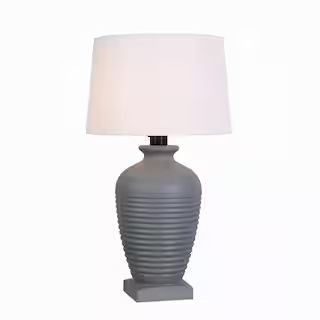 Parkwood 29.5 in. Gray Concrete Finish Outdoor/Indoor Table Lamp with Off-White Fabric Shade | The Home Depot
