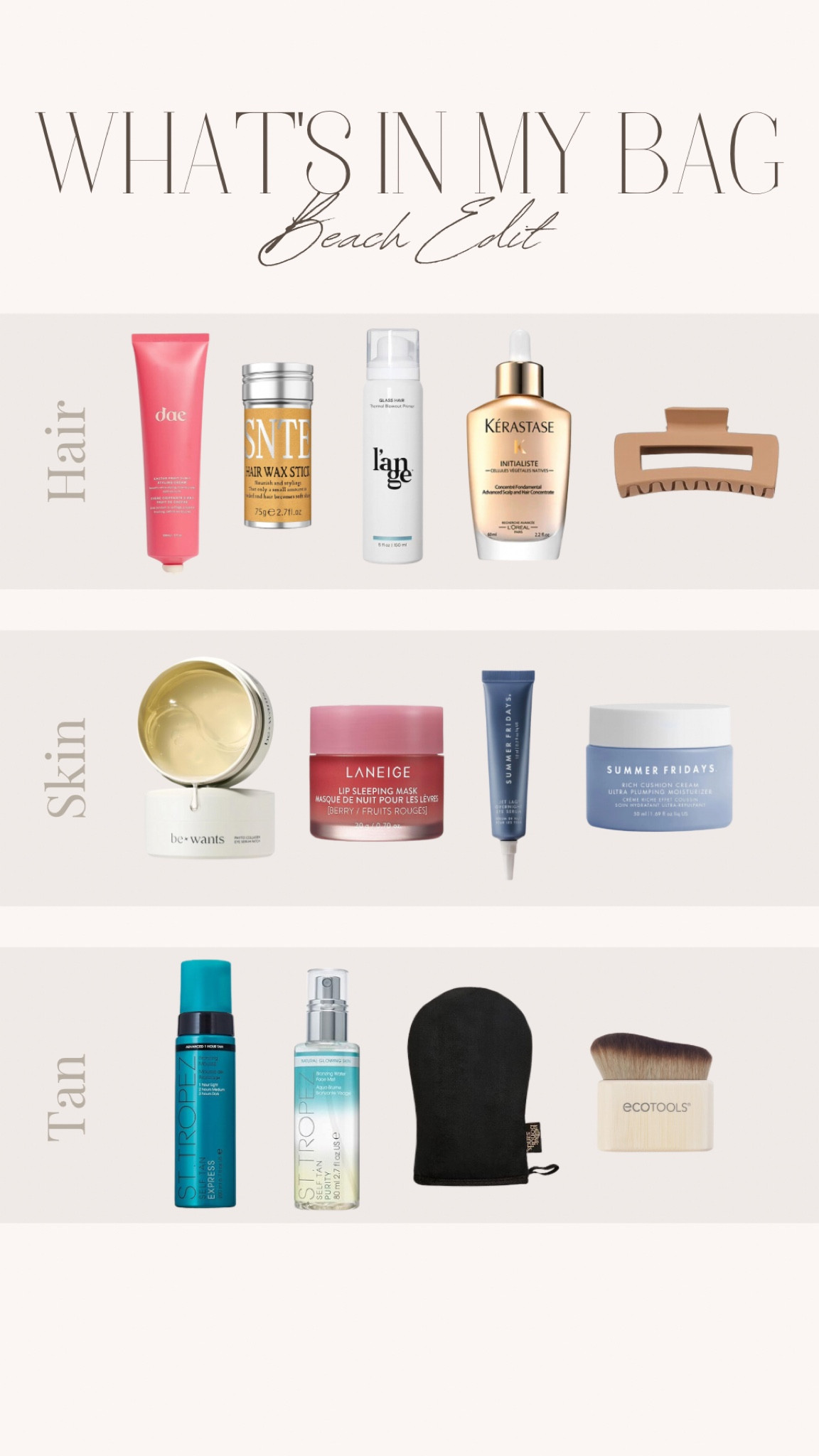 Makeup Bag, Makeup Sponge, Elf Halo Glow Liquid Foundation, Charlotte Tilbury Hollywood Flawless Filter Foundation, Travel Bag, Travel Makeup, Elf Setting Powder, Sofia Richie Makeup, Clean Girl Makeup, Kerastase Hair Serum, Anti Humidity Spray, Hair Wax Stick, Collagen Eye Patches, DAE Hair Cream, Summer Fridays Face Cream, Summer Fridays
Eye Cream, St. Tropez Self Tanner, Laneige Lip Mask 

#LTKTravel #LTKBeauty #LTKSaleAlert