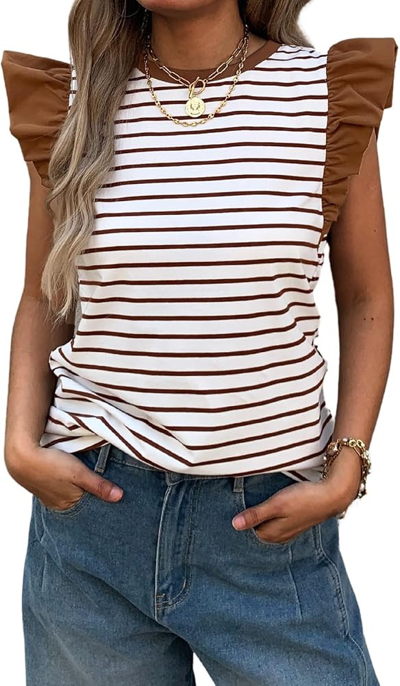 Women's Ruffle Cap Short Sleeve Striped T Shirts Summer Casual Loose Fit Top Basic Tee Tunic Tops | Amazon (US)