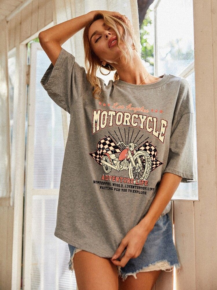 Motorcycle And Slogan Graphic Oversized Tee | SHEIN