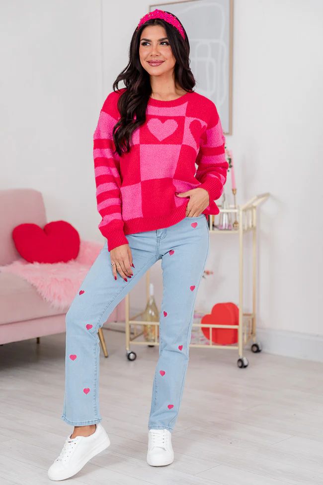 Together Forever Pink And Red Fuzzy Heart Sweater | Pink Lily
