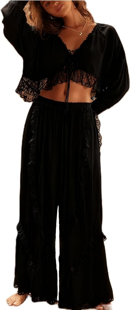 Womens Sexy Pajama Set Lace 2 Piece Lounge Sets Long Sleeve Shirts Wide Leg Pants Vintage Pj Sets | Amazon (US)