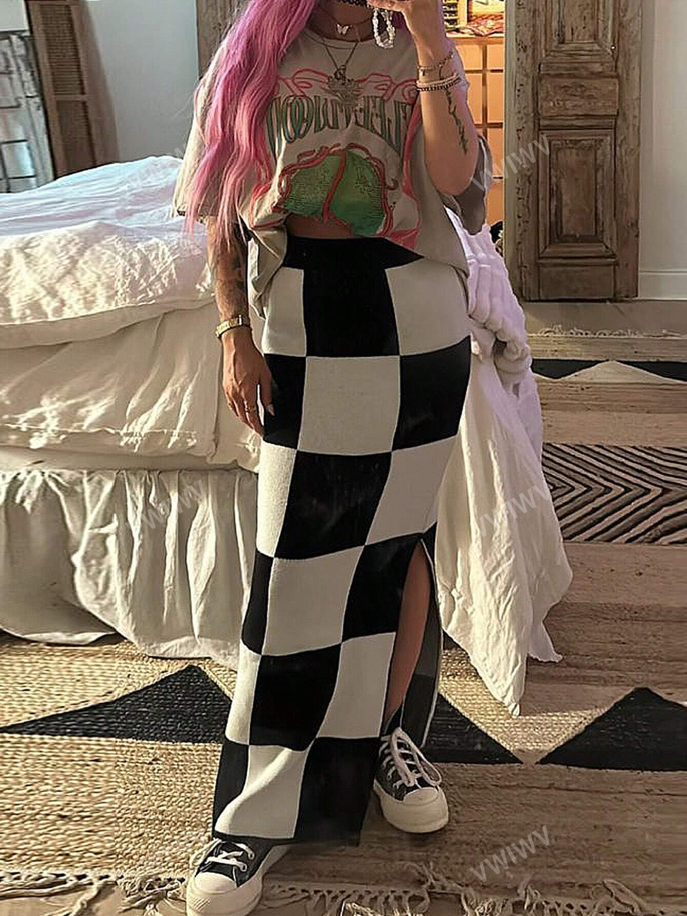 Women's Warm Knitted Plaid Long Skirt With High Slit, Sexy And Cozy | SHEIN