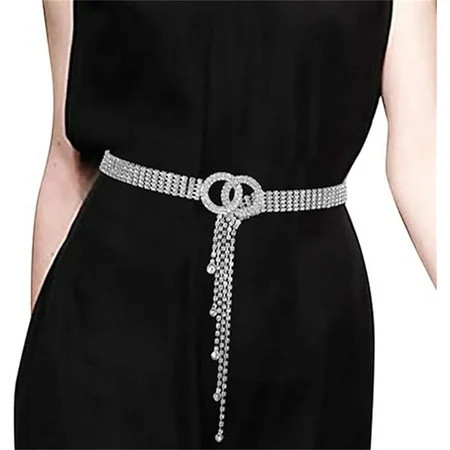 Tutuviw Crystal Waist Dress Belt Women Crystal Waist Belt Chain with Rhinestone Tassel Waistband Ladies Double O-Ring Waist Belt for Jeans Dresses(41.3 In) | Walmart (US)