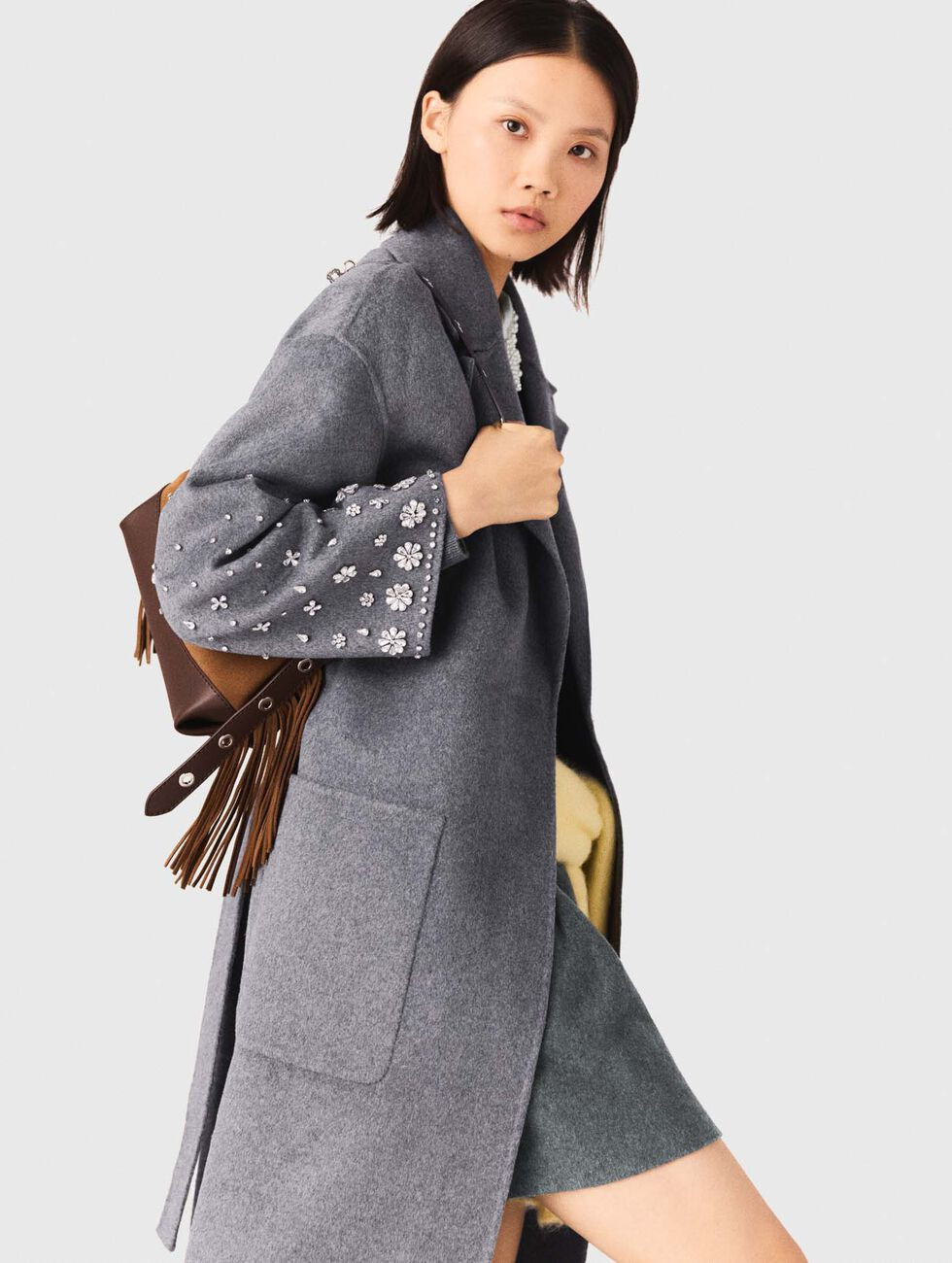 Langer Doubleface-Mantel mit Strass Schwarz / Grau für Damen | Maje | Maje EU