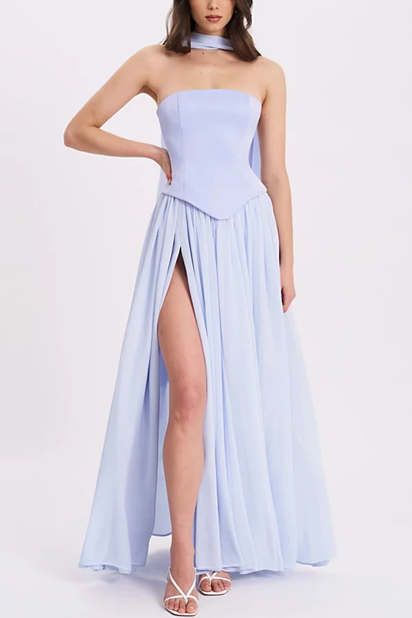 Miss Circle Qianna Corset High Slit Chiffon Dress in Baby Blue, Women's at Urban Outfitters | Urban Outfitters (US and RoW)