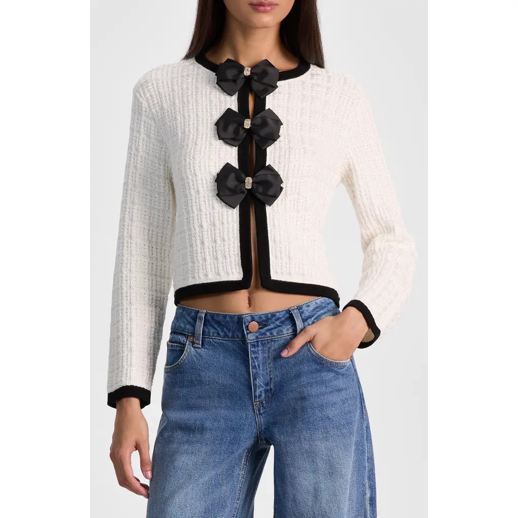 Alice + Olivia Akira Bow Cardigan in Soft White/Black at Nordstrom Rack, Size Small | Nordstrom Rack