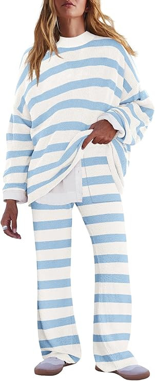 LAMISSCHE Oversized Womens Lounge Set Striped Sweater Set Long Sleeve 2 Piece Pajama Set Top and ... | Amazon (US)