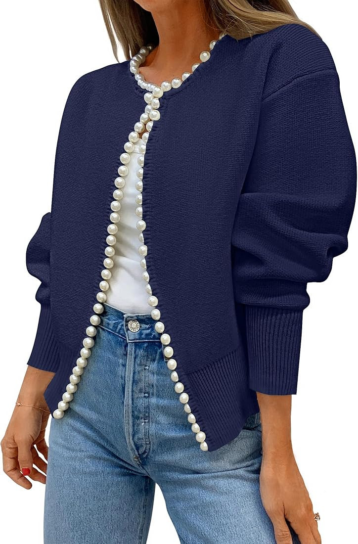 ZESICA Women's Open Front Cardigan Sweater Casual Knitted Long Sleeve Pearls Trim Outerwear Coat ... | Amazon (US)