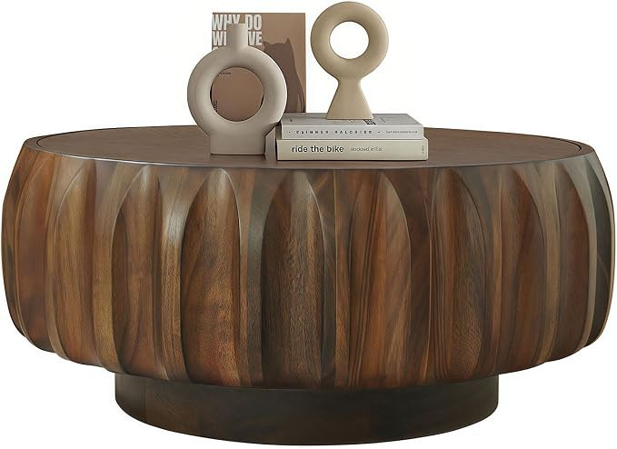 31.5" Round Coffee Table, Solid Wood Veneer Mid Century Modern Coffee Tables Contemporary Drum Co... | Amazon (US)
