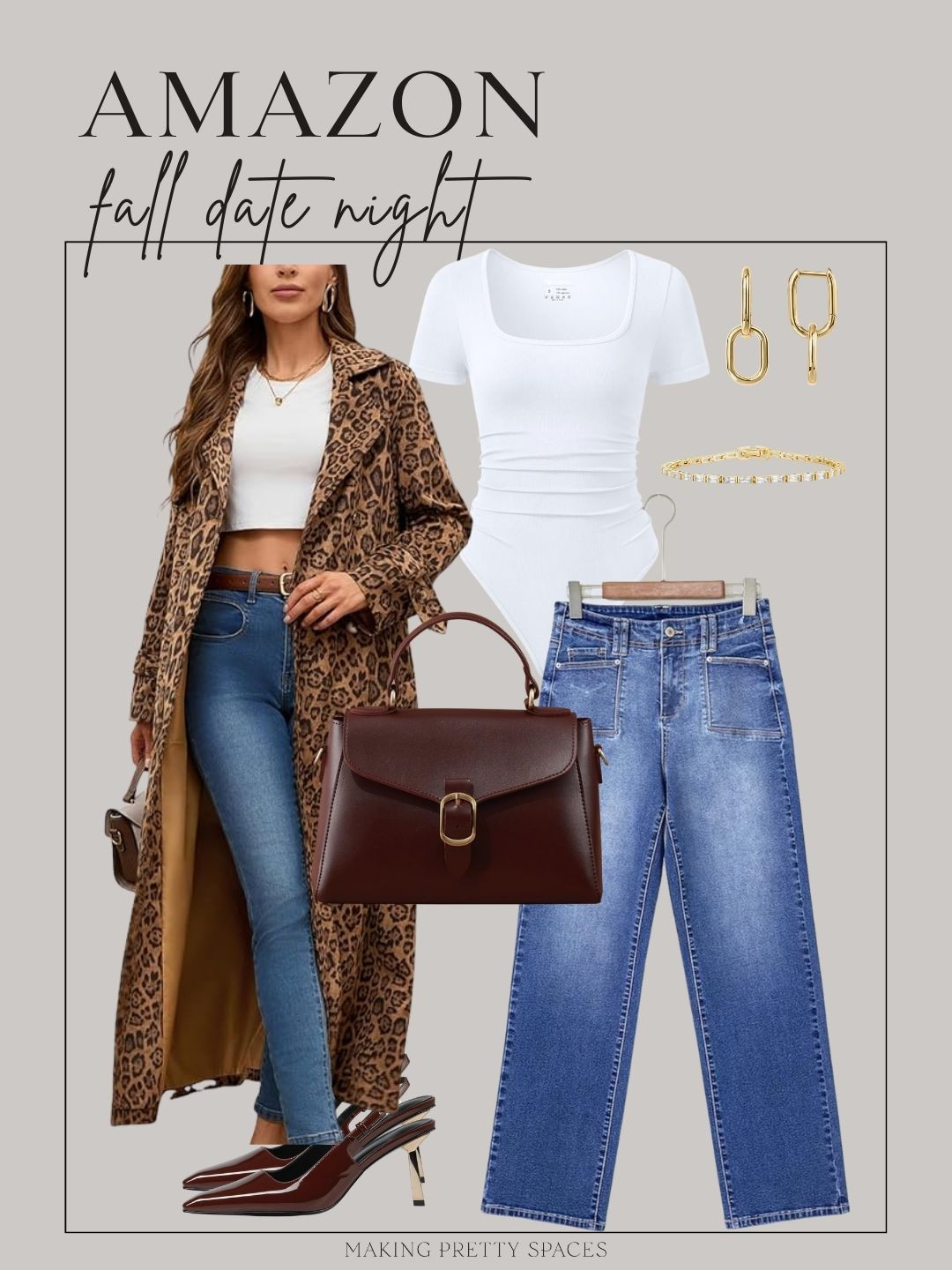 Shop this amazon fall date night outfit! Leopard jacket, jeans, purse, amazon fashion, fall fashion, date night, heels, bodysuit, earrings, bracelet 

 #LTKSeasonal #LTKStyleTip #LTKShoeCrush