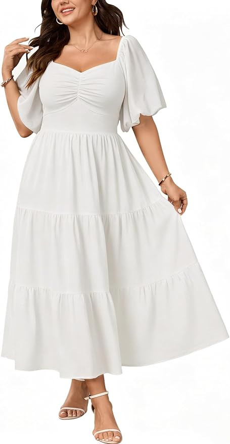 SHESTARR Womens Plus Size Dresses Wedding Guest Puffy Short Sleeve Sweetheart Smocked Tiered Flow... | Amazon (US)