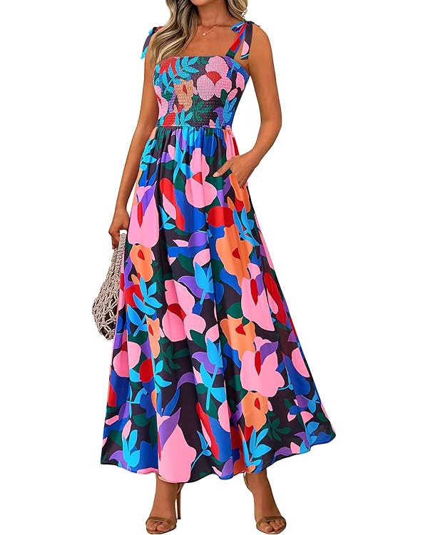 PRETTYGARDEN Womens Summer Dresses Floral Sleeveless Smocked Maxi Dress Boho Spaghetti Strap A Li... | Amazon (US)