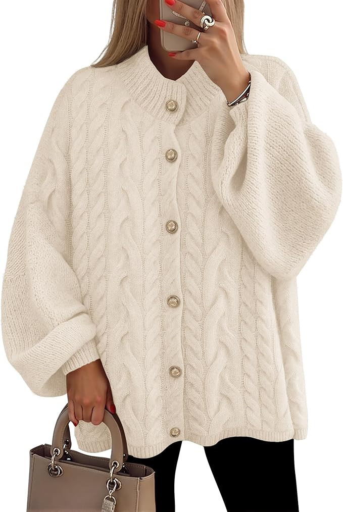 ZESICA Women's Button Down Cardigan Sweaters 2025 Fall Lantern Long Sleeve Mock Neck Chunky Knit ... | Amazon (US)